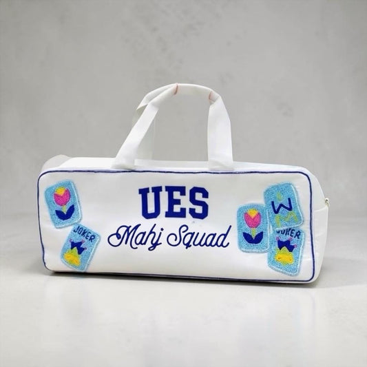 custom upper east side nyc Mahjong canvas duffel bag, UES theme, beaded handmade, bam dot crak, mahj club, girls game night bag