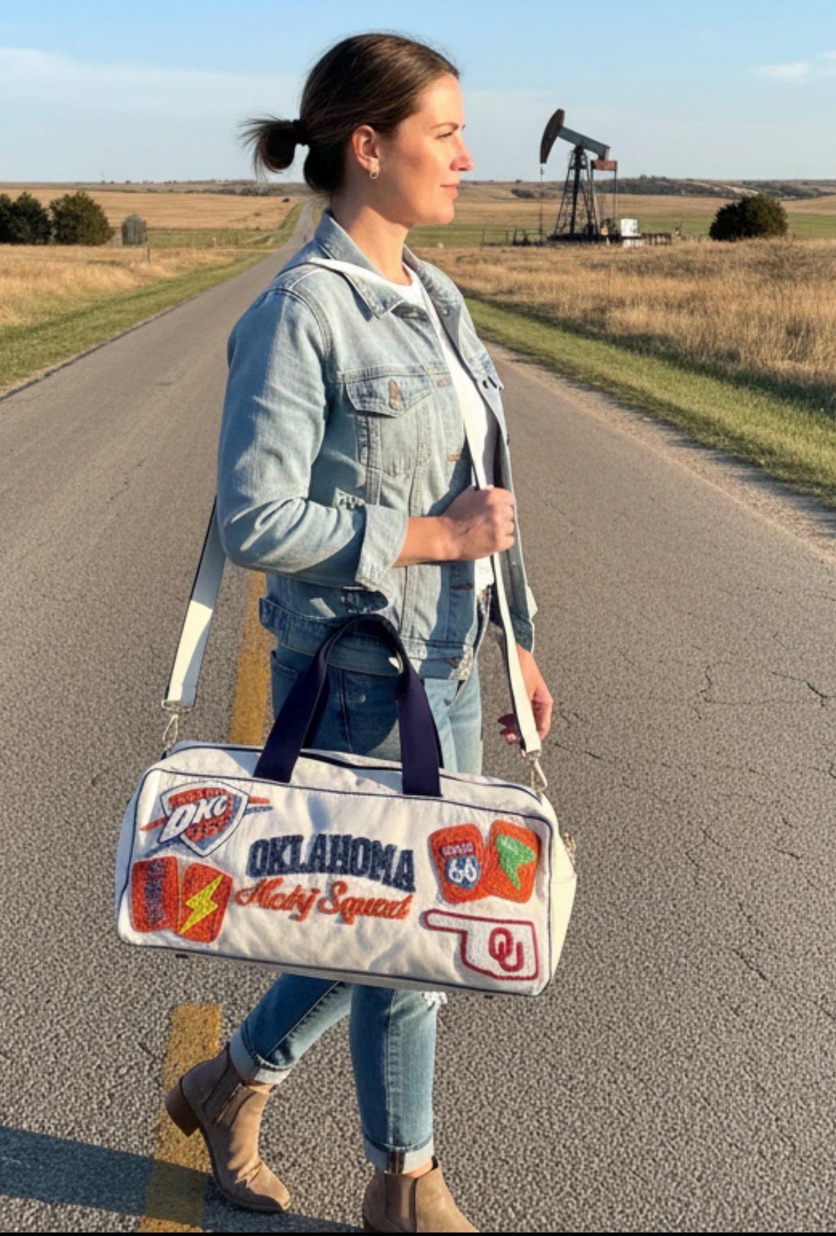 custom Mahjong duffel Oklahoma themed, handmade, beaded, okc thunder, bam dot crak, mahjong retreat gift,girls game night bag, ou university