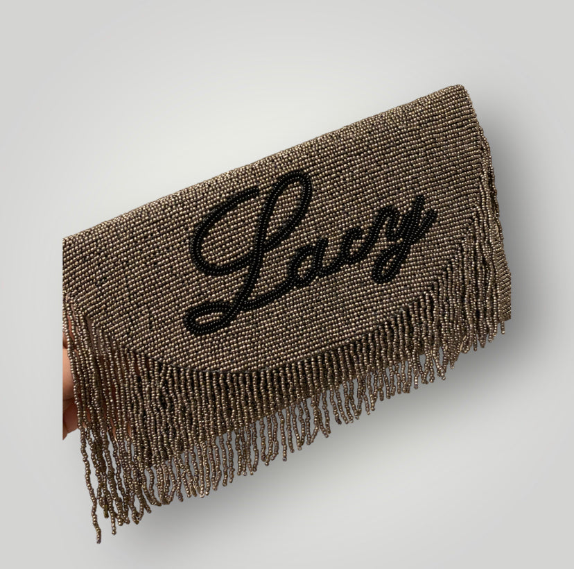 Half Moon Beaded Fringe Clutch