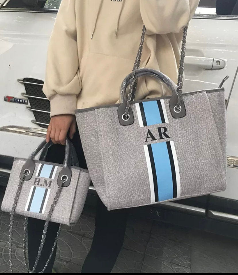Custom tote monogram personalised striped canvas bridal honeymoon handbags shoulder jute Bridesmaid gift beach mommy bags Mini personalized