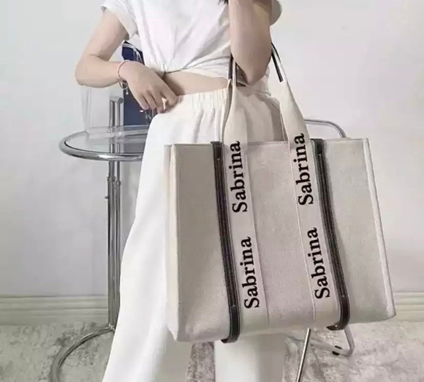 Custom large canvas tote bag, monogrammed name, vacation or shopping shoulder handbag,gift for her, beach resort,name bags personalized
