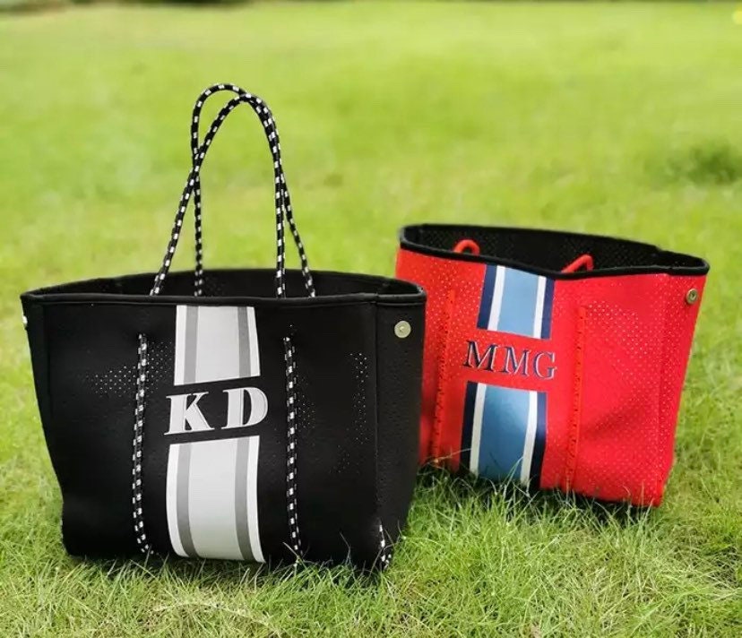 Custom neoprene beach tote bag, waterproof monogrammed name, gym tote, soft lightweight handbag, Bridesmaid gift, mommy bag, personalized,
