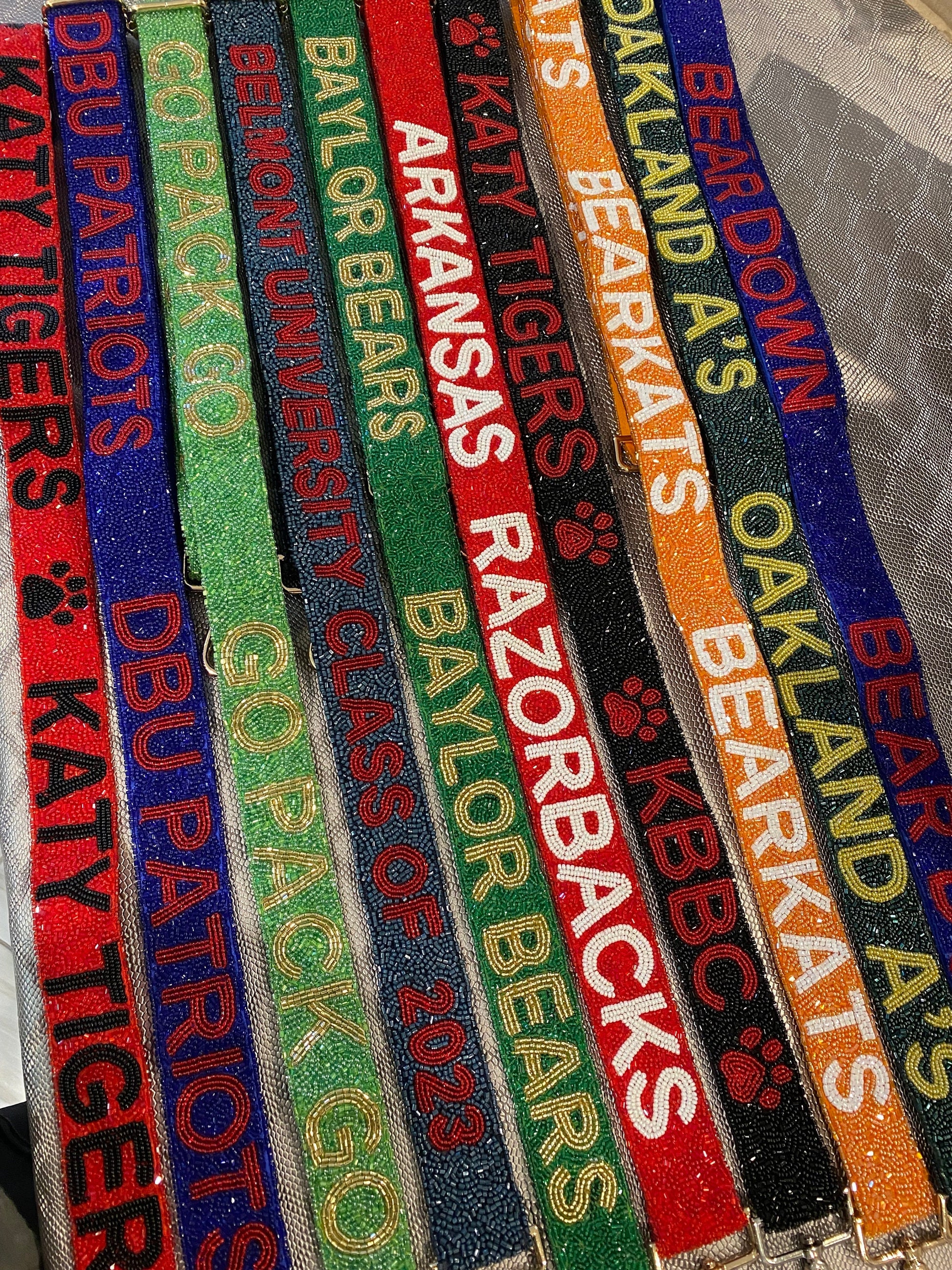 Custom personalized college team beaded game day bag strap, delta sigma theta, sorority, university, go falcons, go stangs, anchor down,