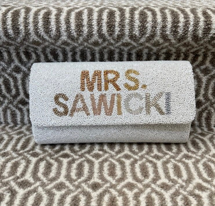 Customized bag, bridesmaids gift, bridal party gift, beaded clutch, monogrammed gift accessories, clutches purse wedding, mrs bride clutch