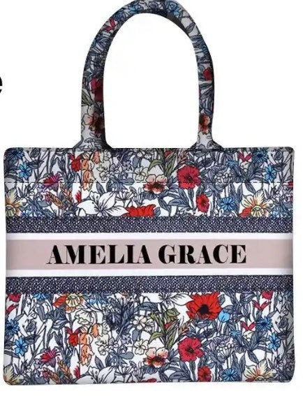 Custom small floral canvas beach tote bag, monogram personalized bridal honeymoon handbags shoulder jute Bridesmaid gift, summer bag spring