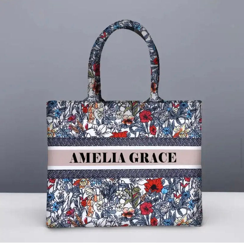 Custom small floral canvas beach tote bag, monogram personalized bridal honeymoon handbags shoulder jute Bridesmaid gift, summer bag spring