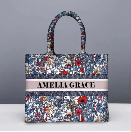 Custom small floral canvas beach tote bag, monogram personalized bridal honeymoon handbags shoulder jute Bridesmaid gift, summer bag spring