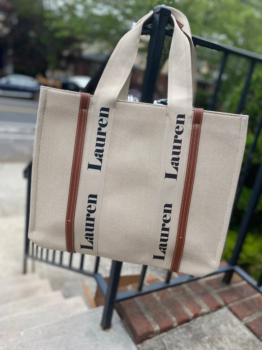 Custom large canvas tote bag, monogrammed name, vacation or shopping shoulder handbag,gift for her, beach resort,name bags personalized
