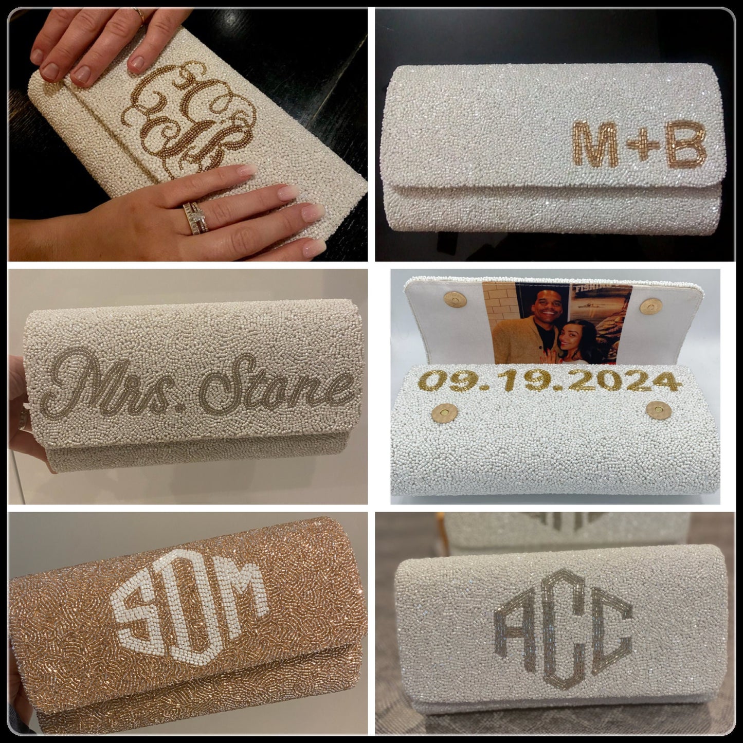 Custom beaded bridal clutches: Elegant and personalized accessories for the bride and bridesmaids, featuring intricate beadwork in delicate designs, adding a touch of glamour and sophistication to the wedding ensemble.