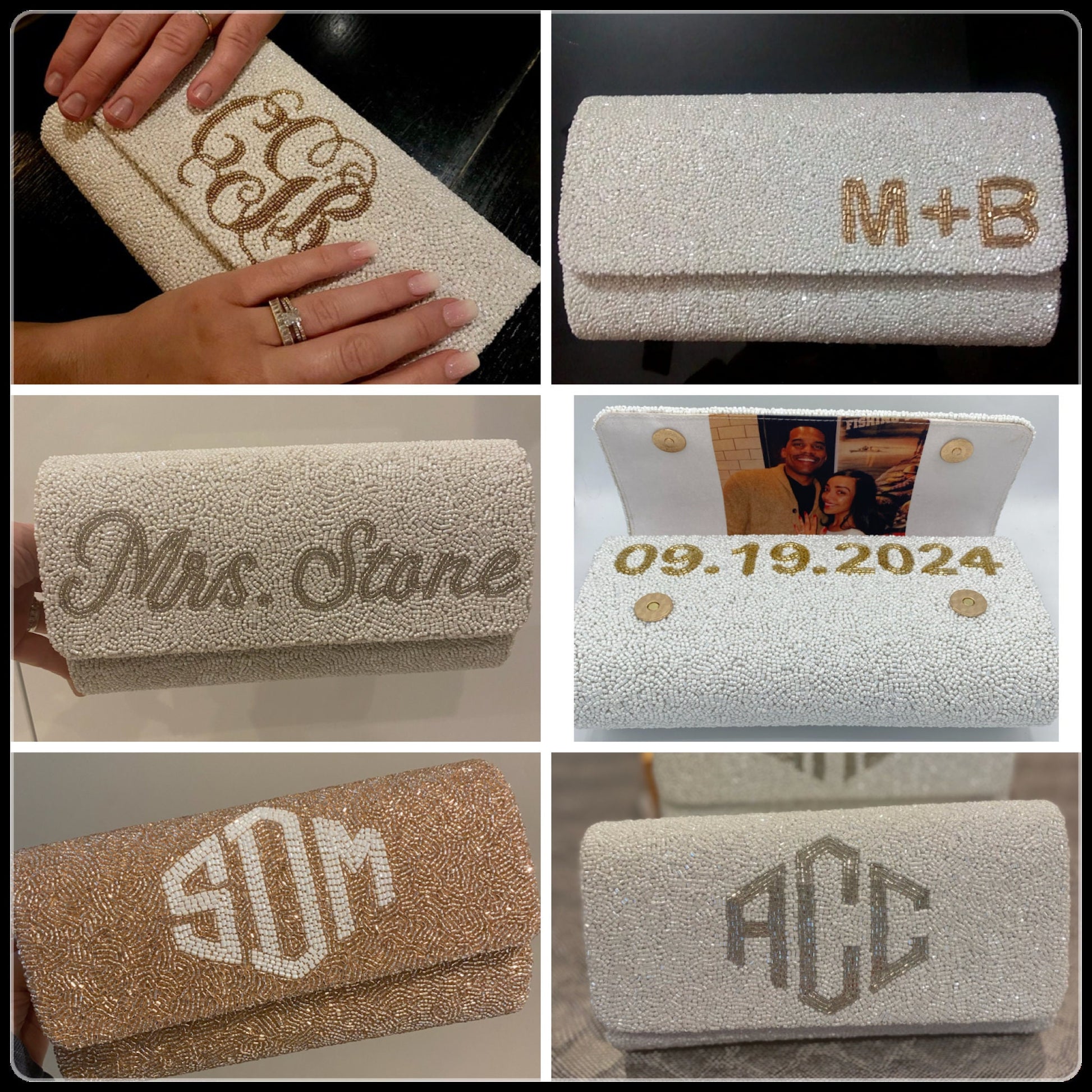 Custom beaded bridal clutches: Elegant and personalized accessories for the bride and bridesmaids, featuring intricate beadwork in delicate designs, adding a touch of glamour and sophistication to the wedding ensemble.