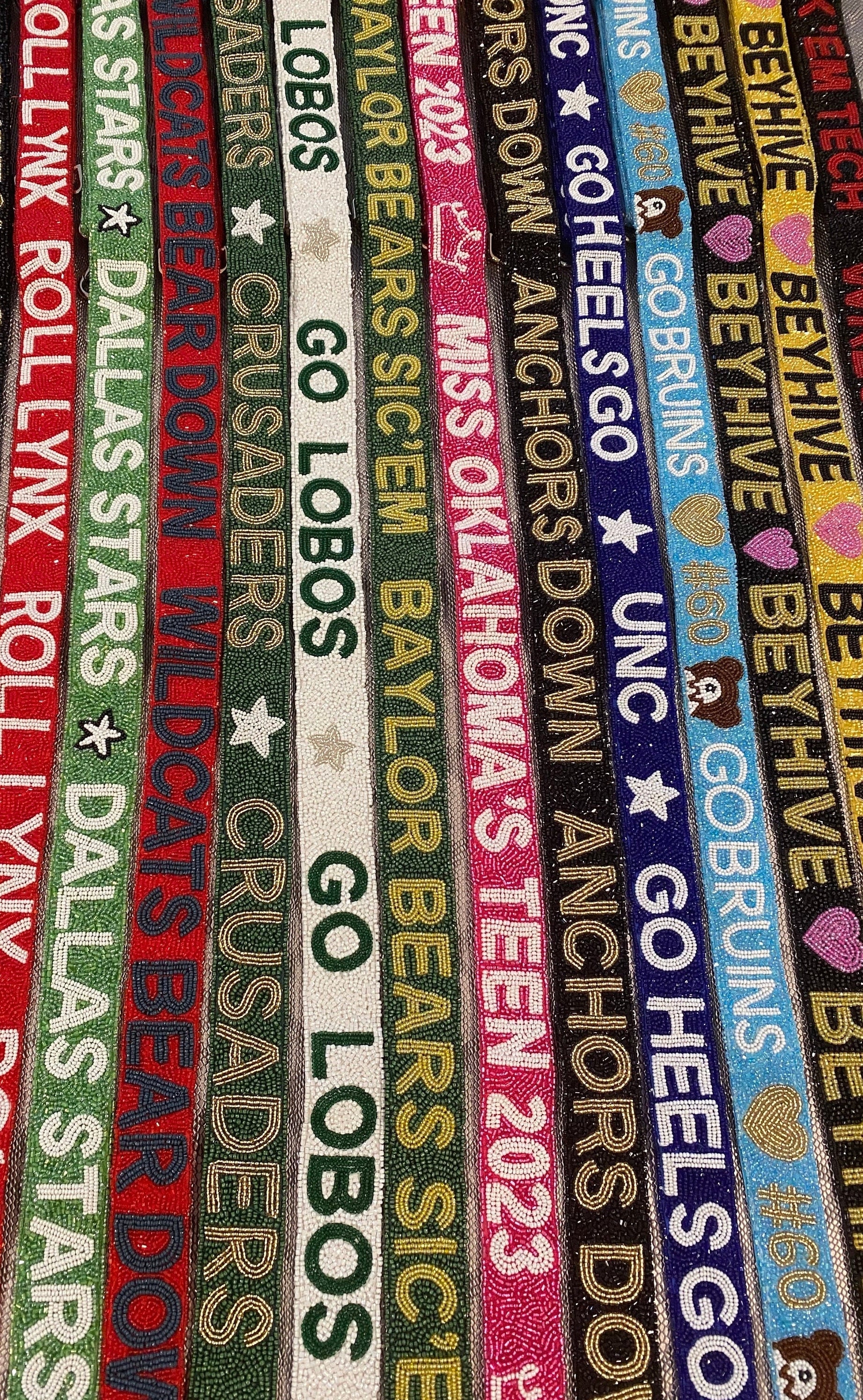 Custom personalized college team beaded game day bag strap, delta sigma theta, sorority, university, go falcons, go stangs, anchor down,