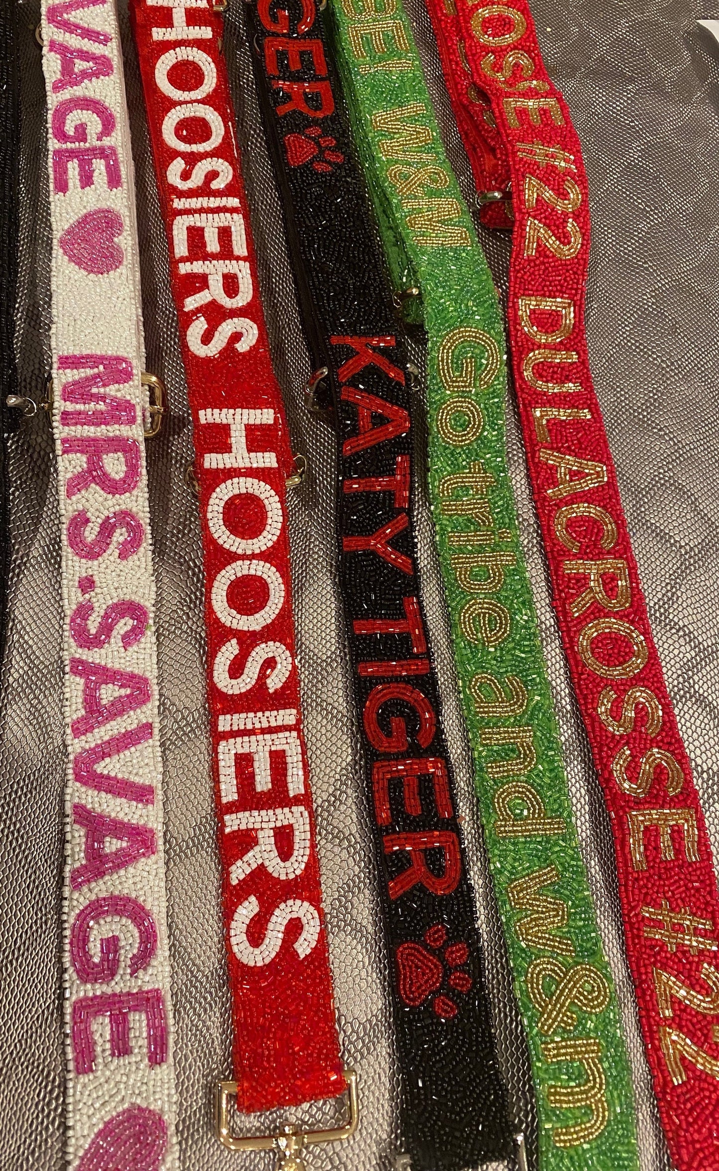 Custom personalized college team beaded game day bag strap, delta sigma theta, sorority, university, go falcons, go stangs, anchor down,
