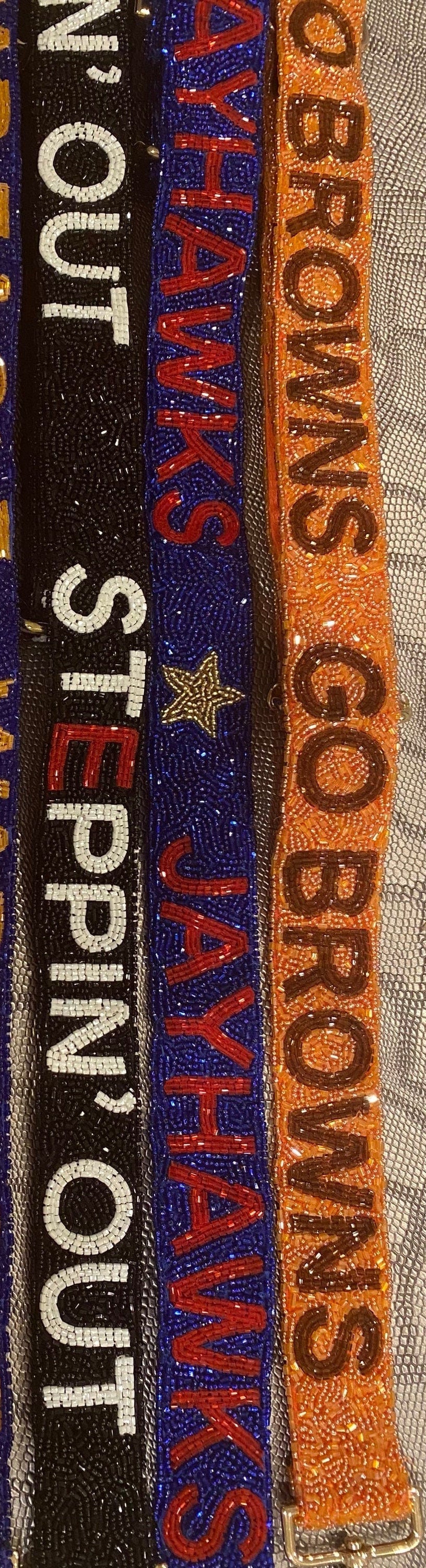 Custom personalized college team beaded game day bag strap, delta sigma theta, sorority, university, go falcons, go stangs, anchor down,