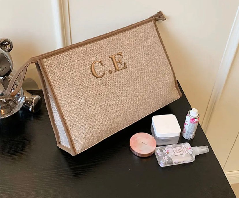 Custom canvas embroidered bride makeup clutch bag, spring clutches, monogram personalized bridal handbags, Bridesmaid gift, shopping bag