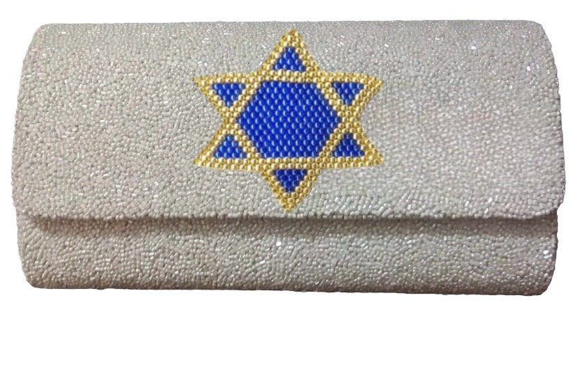 Custom beaded Israel flag, am yisrael chai clutch, Jewish star, Jew pride, Star of David, stand United with Israel, Jewish and proud, gift
