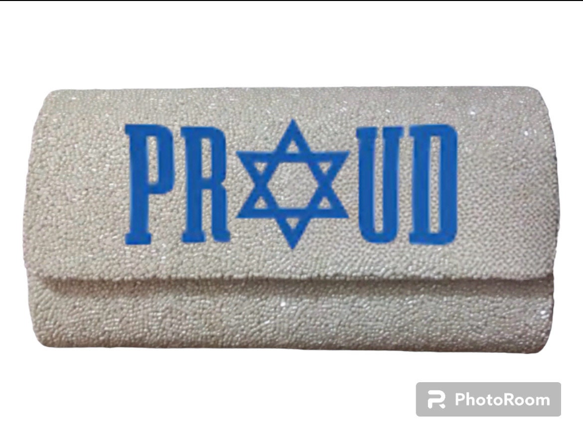 Showing Jewish pride with this beaded clutch customized with the word Proud. The o is in the form of a Jewish star!
