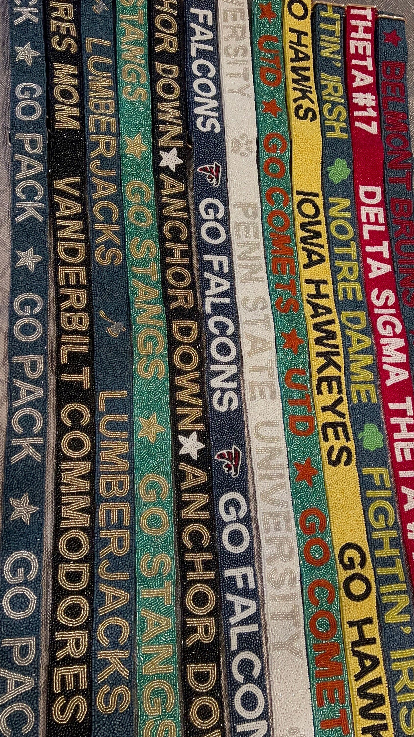 Custom personalized college team beaded game day bag strap, delta sigma theta, sorority, university, go falcons, go stangs, anchor down,