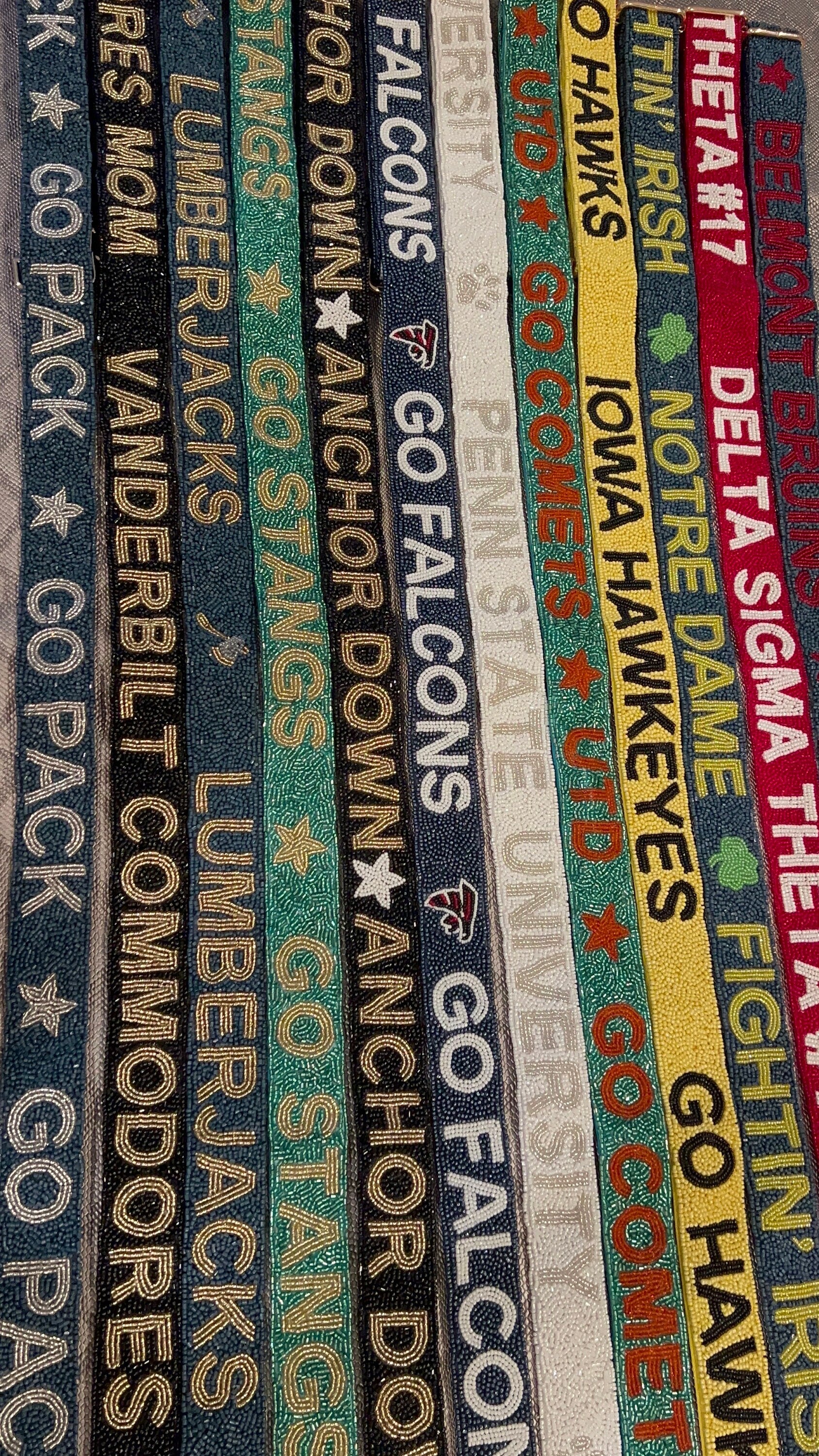 Custom personalized college team beaded game day bag strap, delta sigma theta, sorority, university, go falcons, go stangs, anchor down,