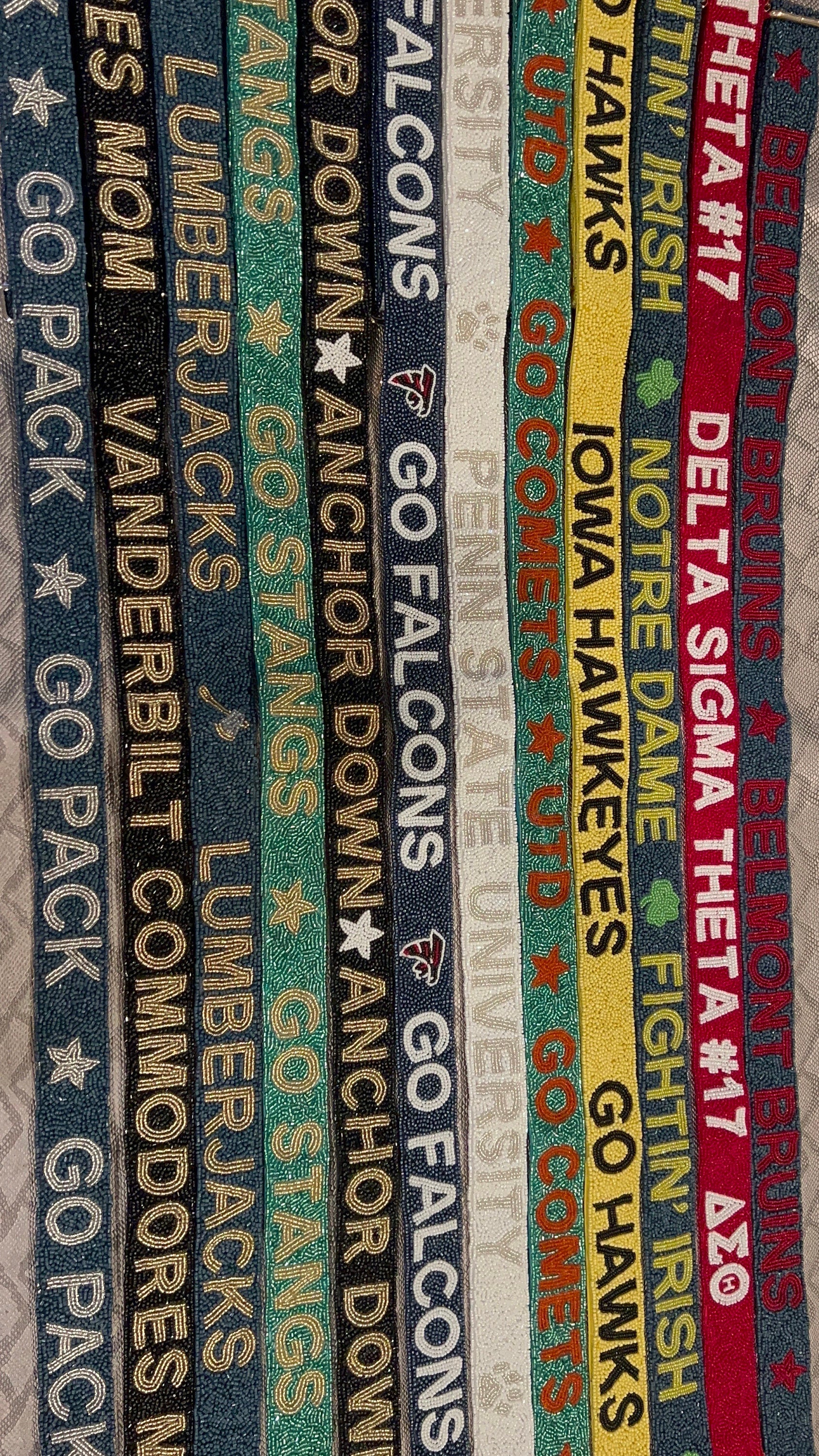 Custom personalized college team beaded game day bag strap, delta sigma theta, sorority, university, go falcons, go stangs, anchor down,