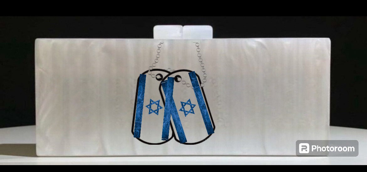 Custom lucite clutch Jewish Israeli flag, Star of David, Acrylic, am yisrael chai bag, bring them home, yellow ribbon, Jewish pride, dog tag