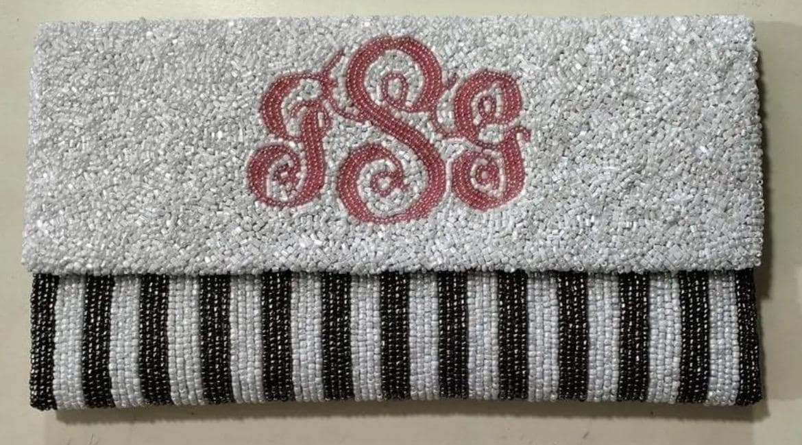 Customized striped clutch, beaded bride clutch, mrs. Monogrammed Purse, wedding day, bridesmaids gift, personalized, Bachelorette bag