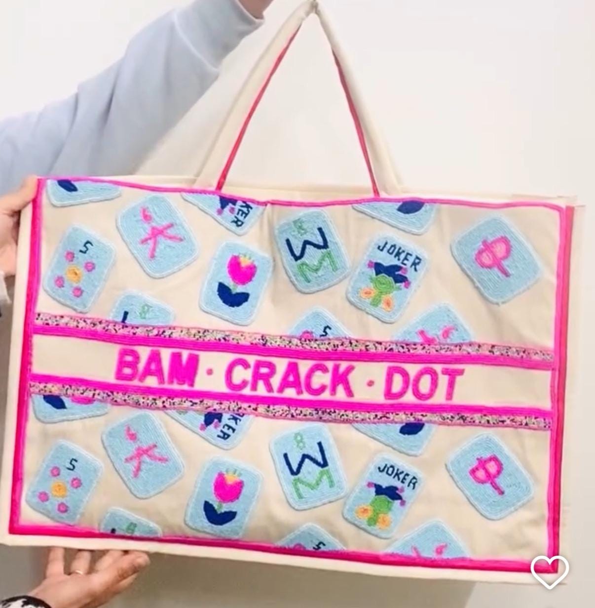 custom XL Mahjong canvas tote bag,beaded design, bam dot crak, holds mat, tiles, and racks, personalized gift, everyday bag, game night bag