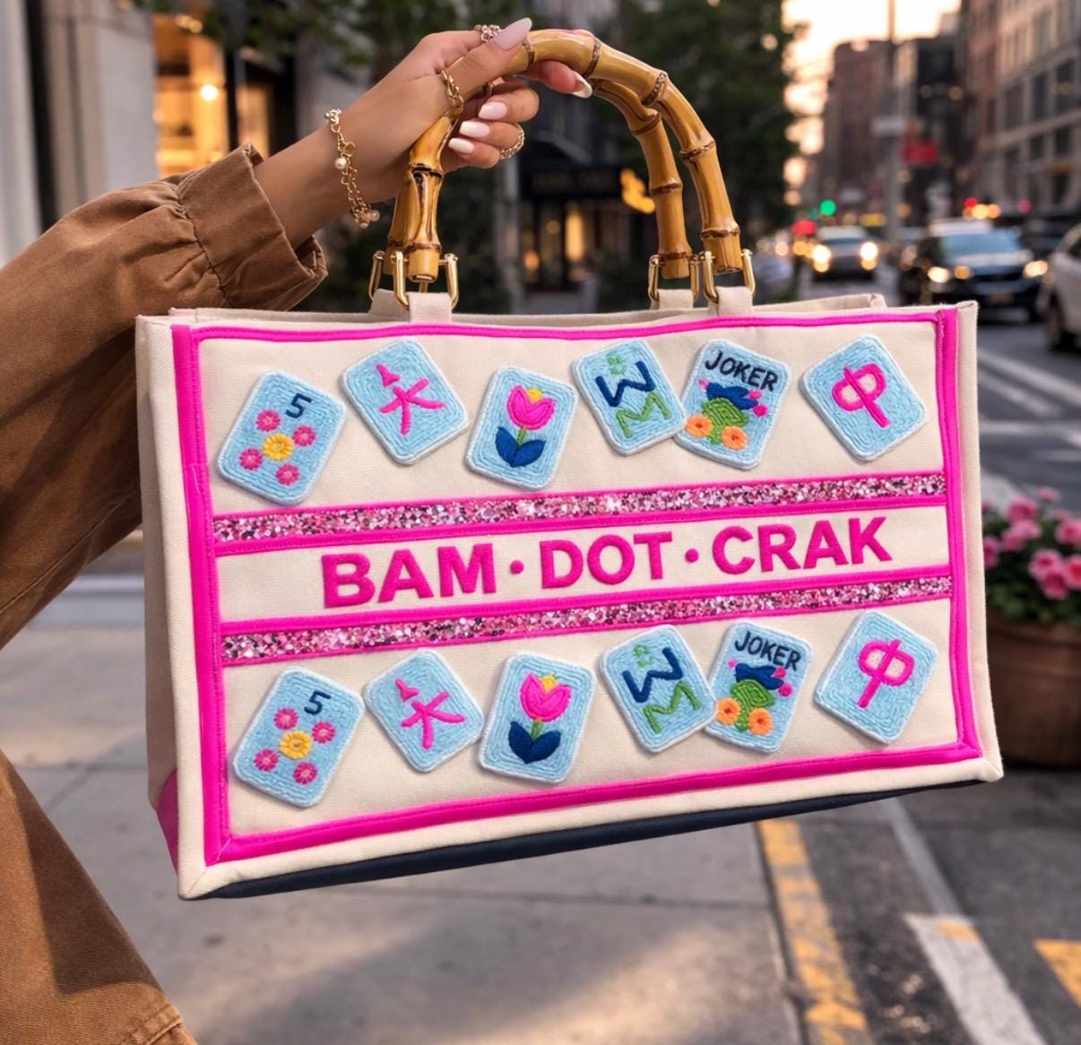 custom XL Mahjong canvas tote bag,beaded design, bam dot crak, holds mat, tiles, and racks, personalized gift, everyday bag, game night bag