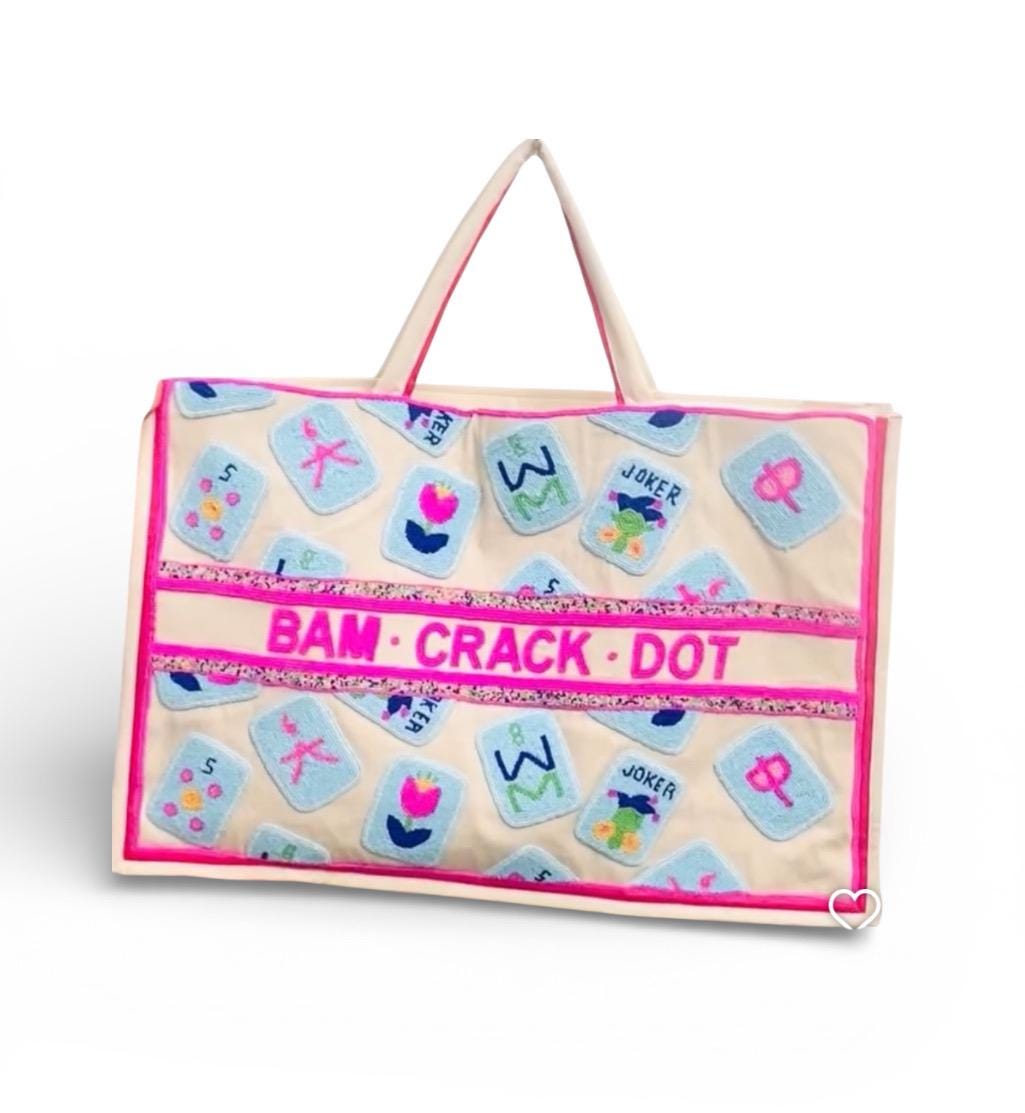custom XL Mahjong canvas tote bag,beaded design, bam dot crak, holds mat, tiles, and racks, personalized gift, everyday bag, game night bag