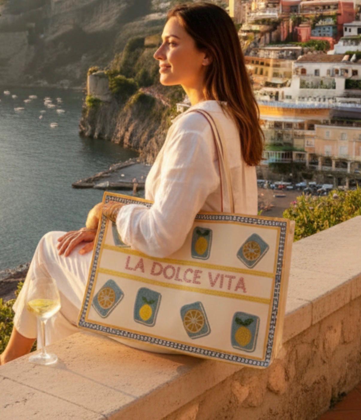 Amalfi coast XL Mahjong canvas tote bag,beaded design, La Dolce vita, holds mat, tiles, and racks, mahj girls group gift, bam dot crak,