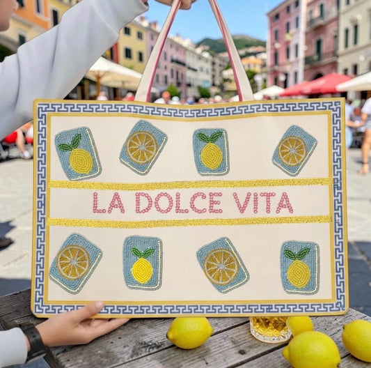 Amalfi coast XL Mahjong canvas tote bag,beaded design, La Dolce vita, holds mat, tiles, and racks, mahj girls group gift, bam dot crak,