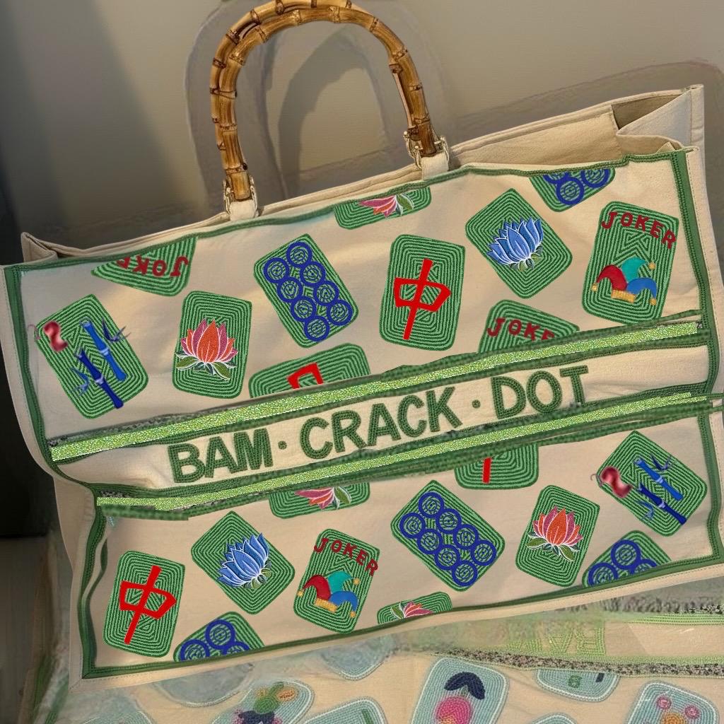 custom XL Mahjong canvas tote bag,beaded design, bam dot crak, holds mat, tiles, and racks, personalized gift, everyday bag, game night bag