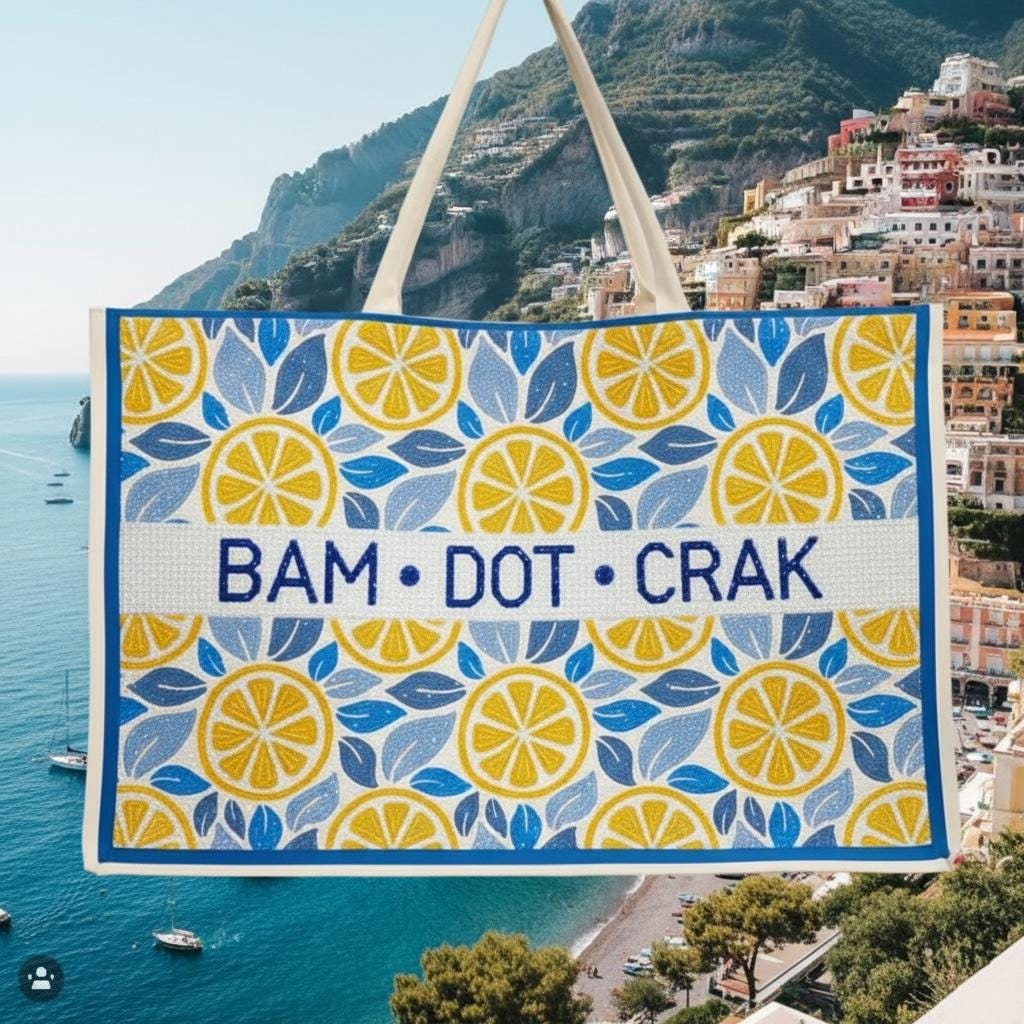 custom XL Mahjong canvas tote bag,lemons, amalfi,beaded design, bam dot crak, holds mat, tiles, and racks, personalized gift, game night bag