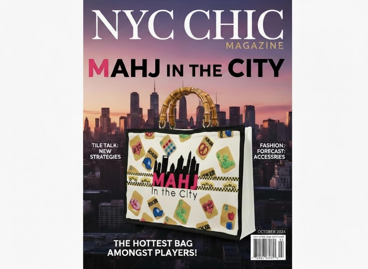NYC XL Mahjong canvas tote bag,mahj in the city, beaded design, bam dot crak, holds mat, tiles, and racks, personalized gift, bamboo handle