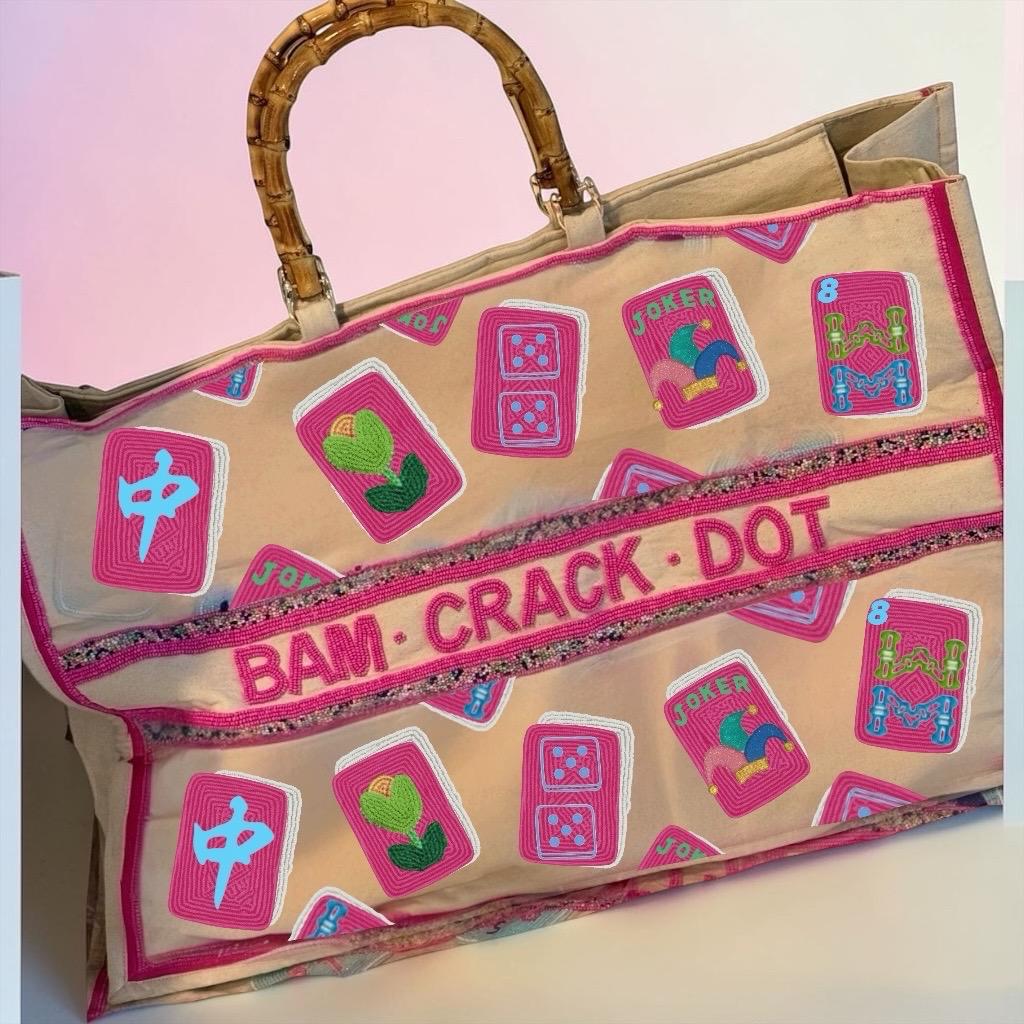 custom XL Mahjong canvas tote bag,beaded design, bam dot crak, holds mat, tiles, and racks, personalized gift, everyday bag, game night bag