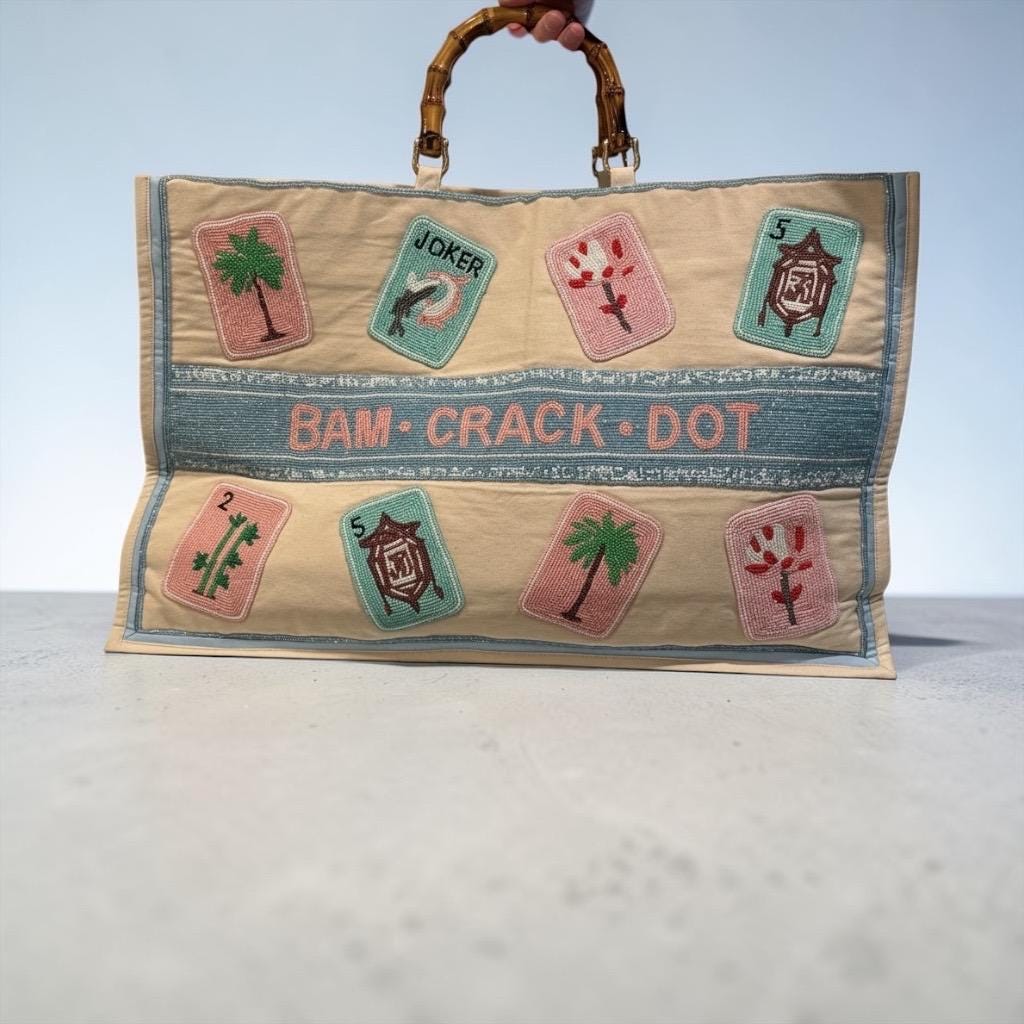 custom XL Mahjong canvas tote bag,beaded design, bam dot crak, holds mat, tiles, and racks, personalized gift, everyday bag, game night bag