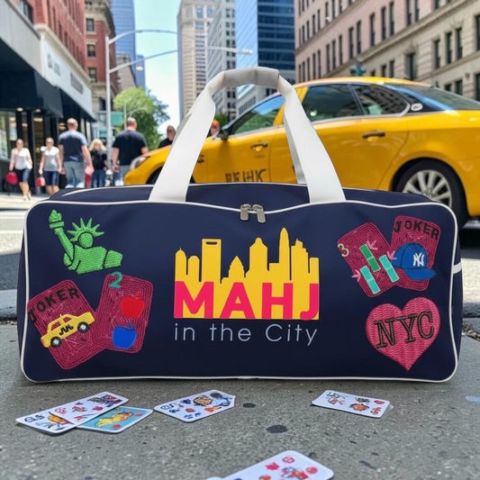 custom NYC Mahjong canvas duffel bag, New York theme, beaded handmade, bam dot crak, mahj club, personalized gift, girls game night bag,