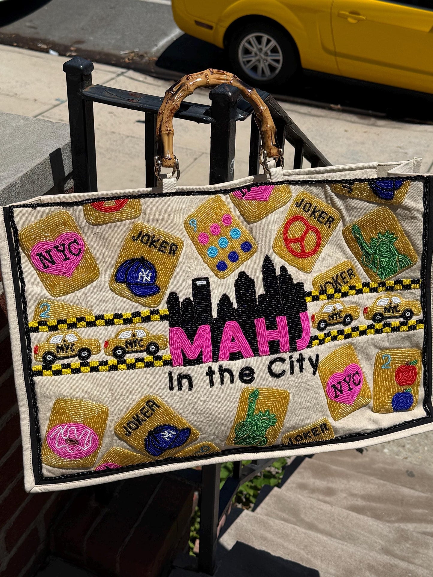NYC XL Mahjong canvas tote bag,mahj in the city, beaded design, bam dot crak, holds mat, tiles, and racks, personalized gift, bamboo handle