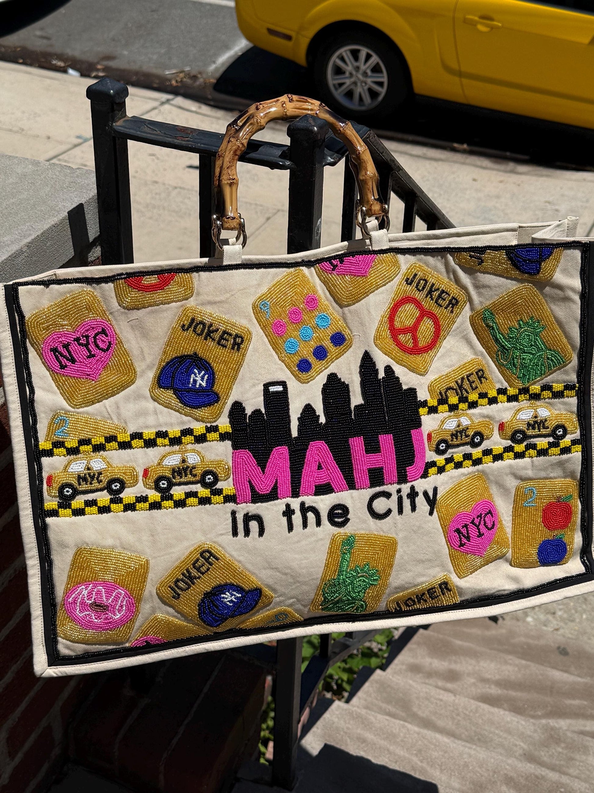 NYC XL Mahjong canvas tote bag,mahj in the city, beaded design, bam dot crak, holds mat, tiles, and racks, personalized gift, bamboo handle