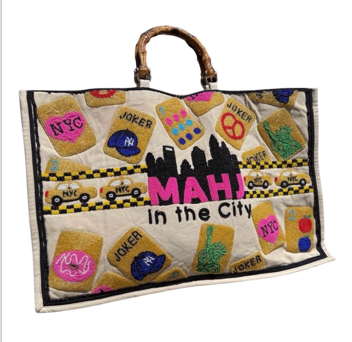 NYC XL Mahjong canvas tote bag,mahj in the city, beaded design, bam dot crak, holds mat, tiles, and racks, personalized gift, bamboo handle