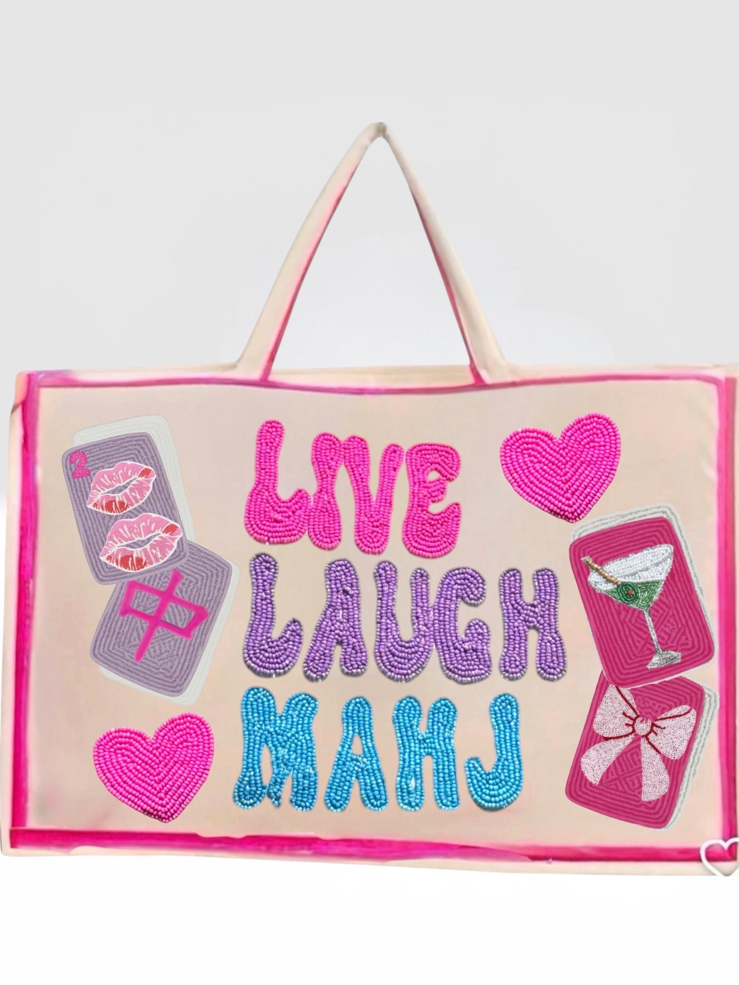 custom XL Mahjong canvas tote bag,live laugh love beaded design,holds mat, tiles, and racks, personalized gift, everyday bag, game night bag