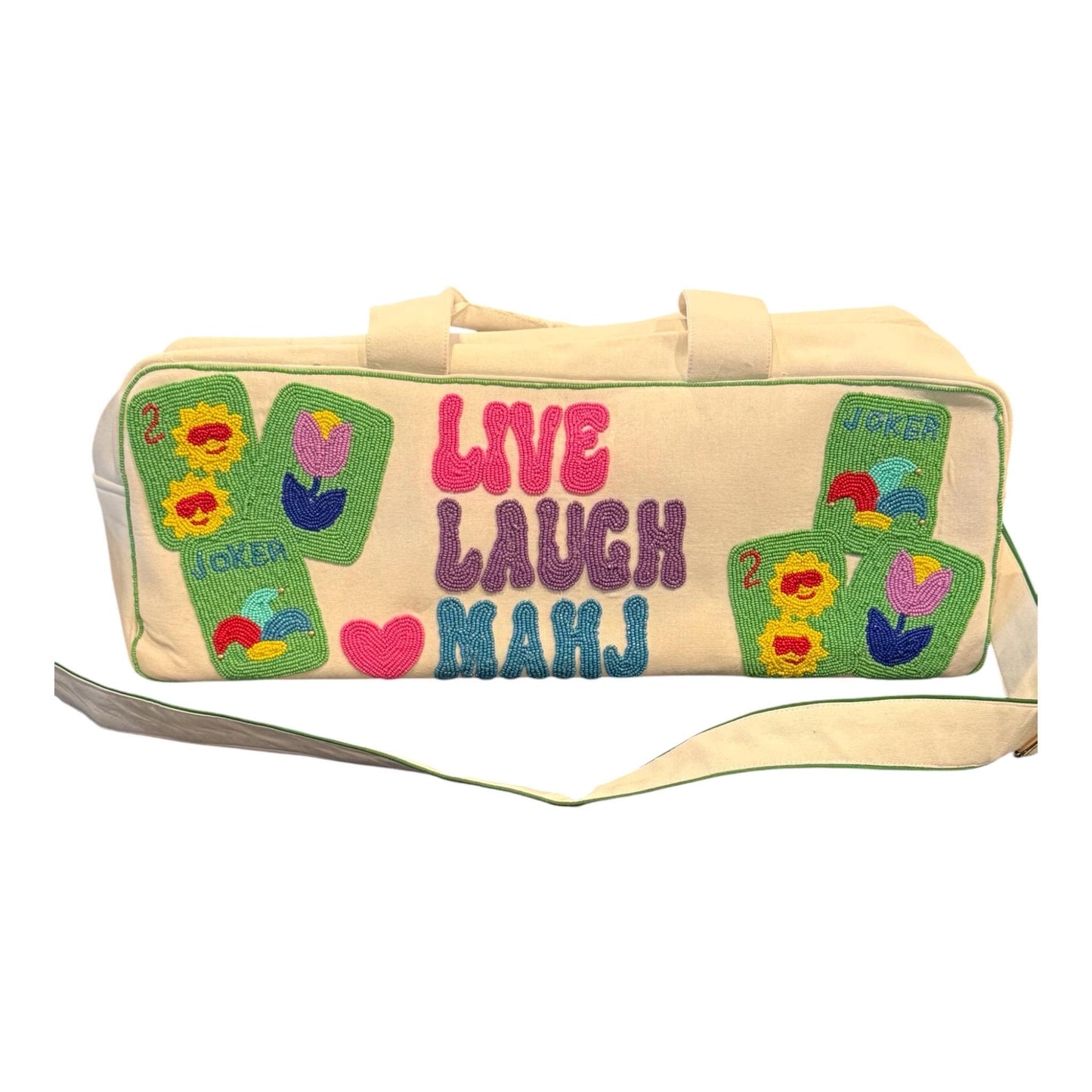 Mahjong canvas duffel bag, bam crak dot, mahj bag, beaded handmade, mahj club, girls game night bag, majong set, fits mat, tiles and racks