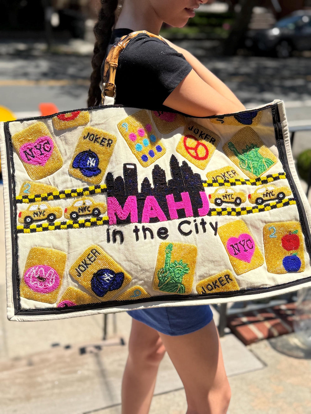 NYC XL Mahjong canvas tote bag,mahj in the city, beaded design, bam dot crak, holds mat, tiles, and racks, personalized gift, bamboo handle