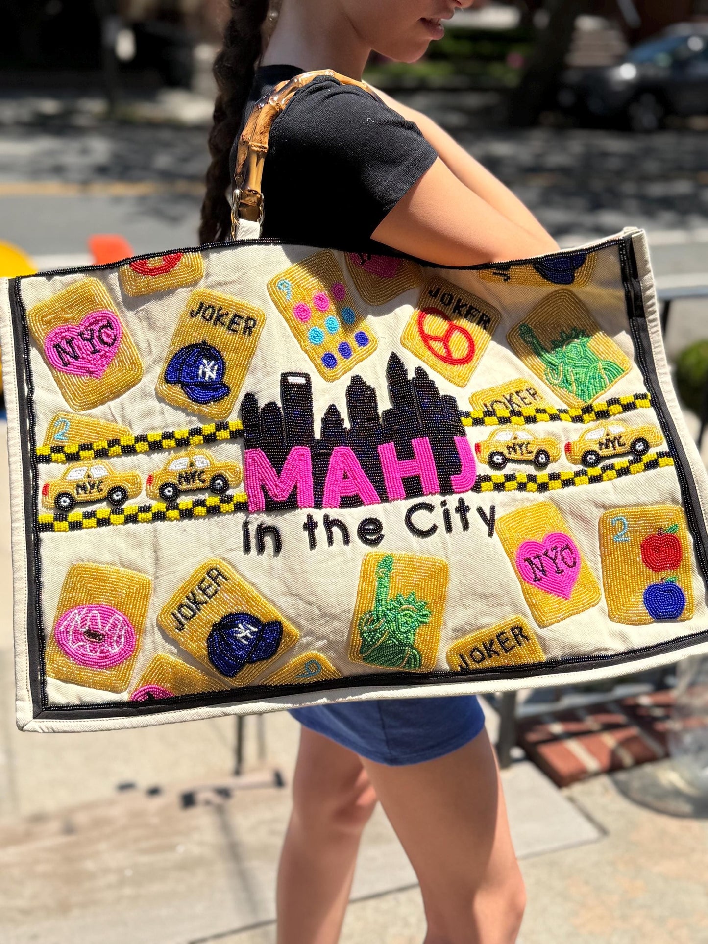 NYC XL Mahjong canvas tote bag,mahj in the city, beaded design, bam dot crak, holds mat, tiles, and racks, personalized gift, bamboo handle