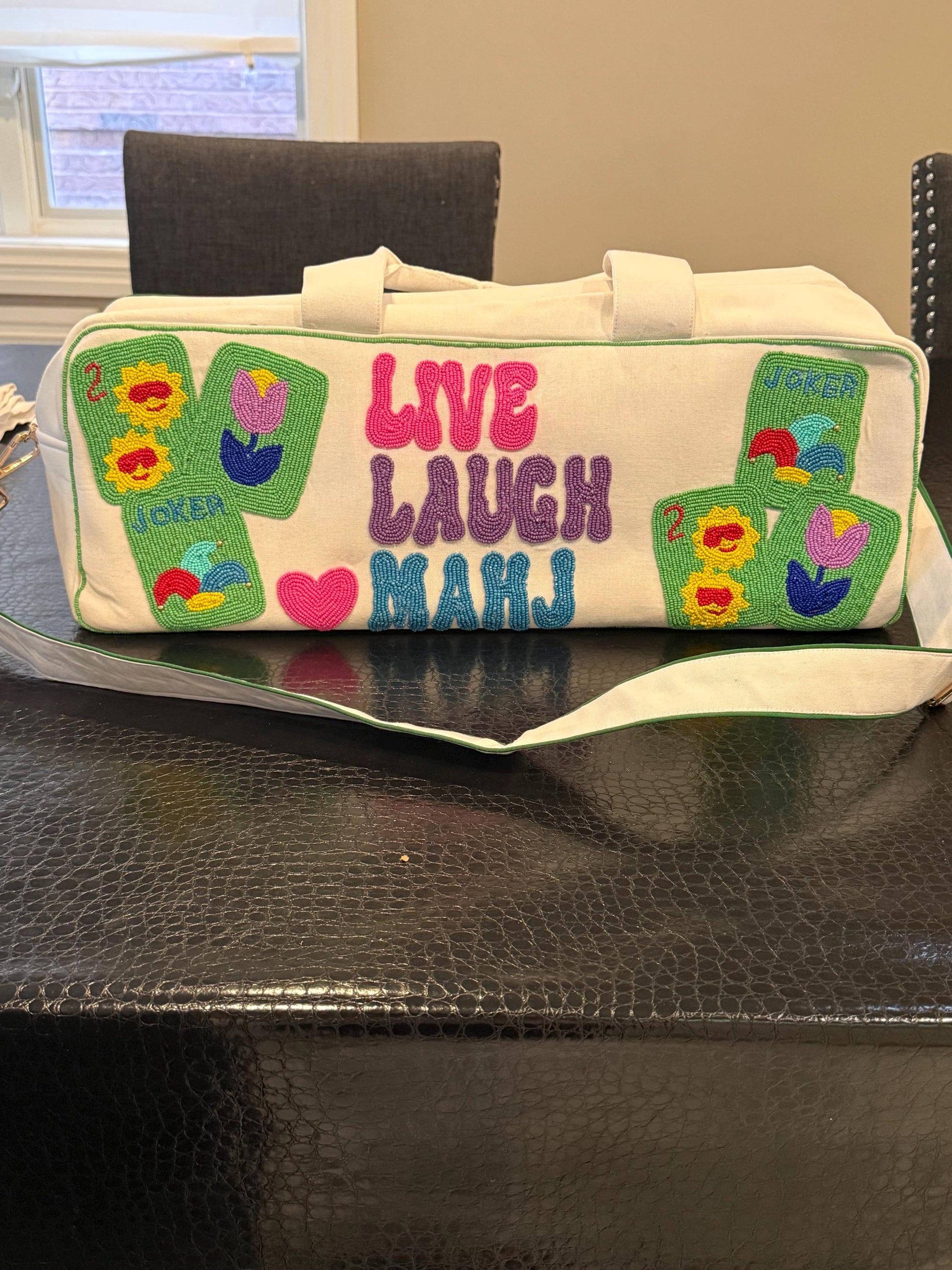 Mahjong canvas duffel bag, bam crak dot, mahj bag, beaded handmade, mahj club, girls game night bag, majong set, fits mat, tiles and racks