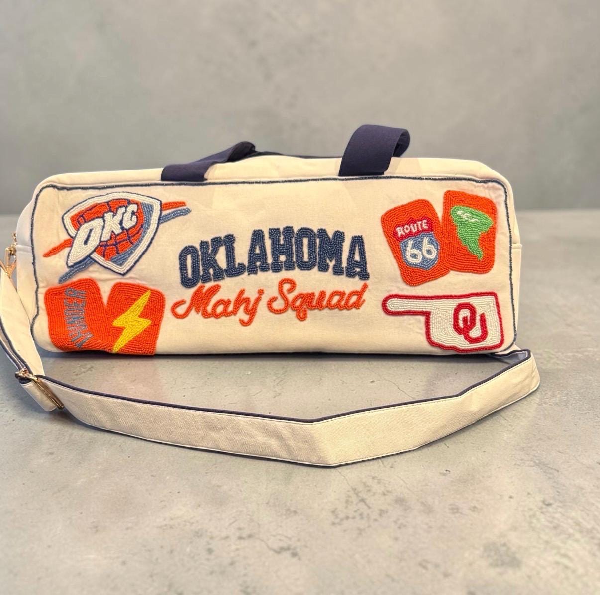 custom Mahjong duffel Oklahoma themed, handmade, beaded, okc thunder, bam dot crak, mahjong retreat gift,girls game night bag, ou university