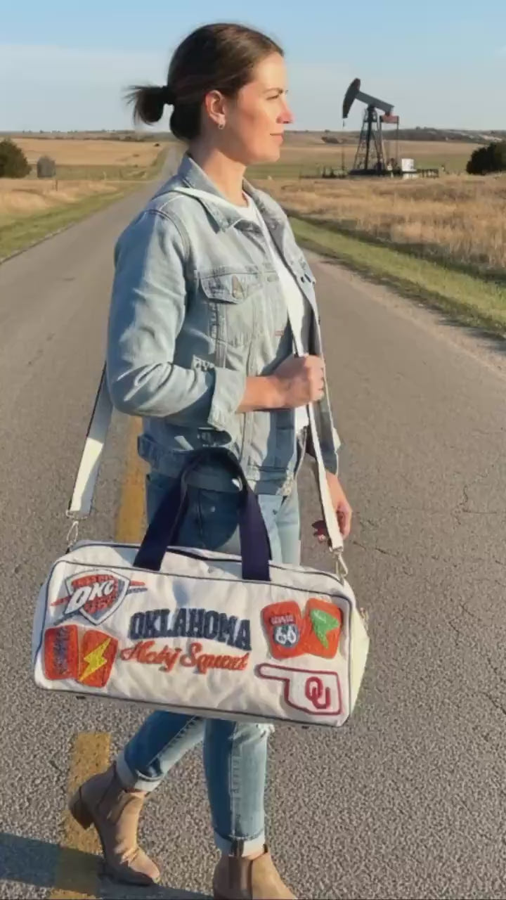 custom Mahjong duffel Oklahoma themed, handmade, beaded, okc thunder, bam dot crak, mahjong retreat gift,girls game night bag, ou university