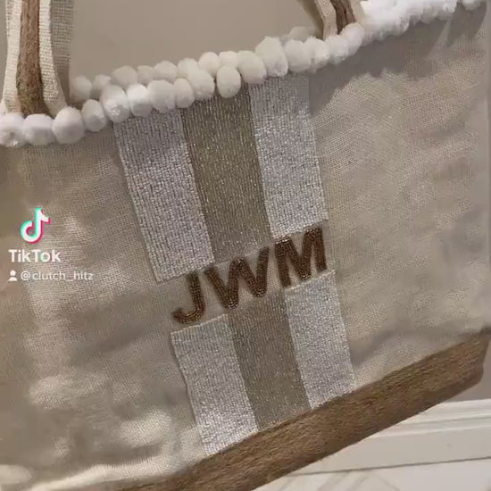 Customized beach tote, summer fun tote, vacation personalized gift, bridal party,large burlap jute beaded bag bridesmaids gift,travel bag