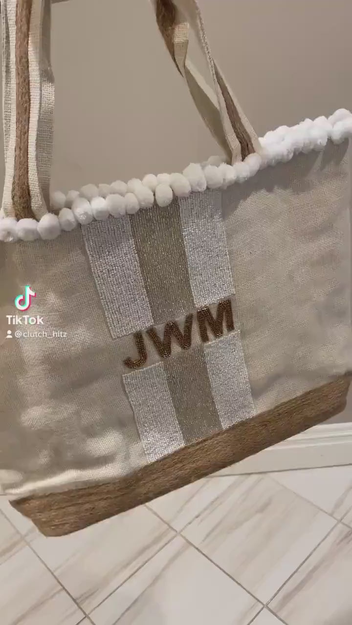 Customized beach tote, summer fun tote, vacation personalized gift, bridal party,large burlap jute beaded bag bridesmaids gift,travel bag