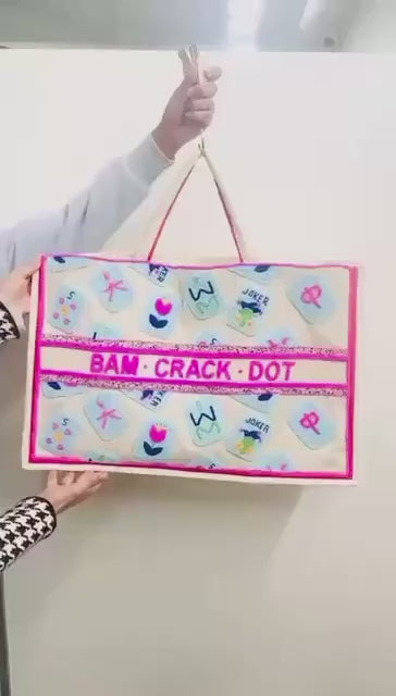 custom XL Mahjong canvas tote bag,beaded design, bam dot crak, holds mat, tiles, and racks, personalized gift, everyday bag, game night bag