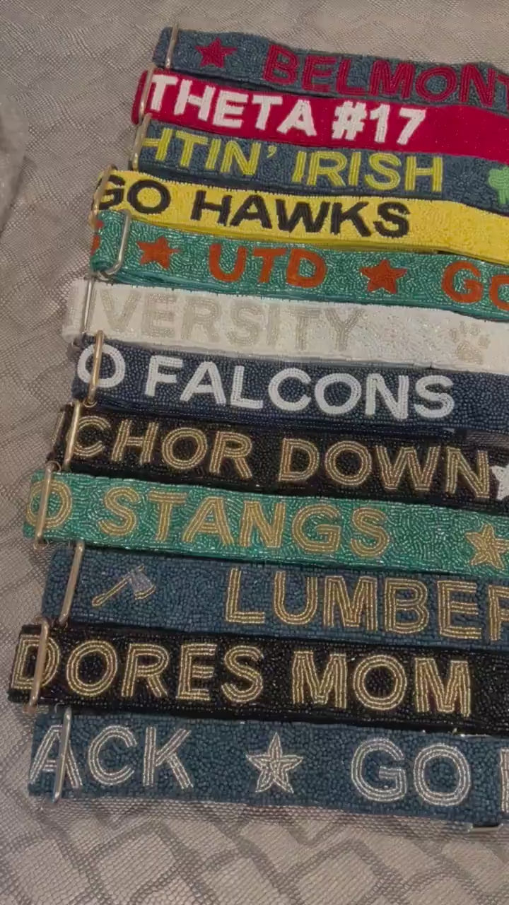 Custom personalized college team beaded game day bag strap, delta sigma theta, sorority, university, go falcons, go stangs, anchor down,